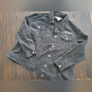 NEW NWOT MAMA Black Oversized Denim Jacket with Embroidered Detail-S